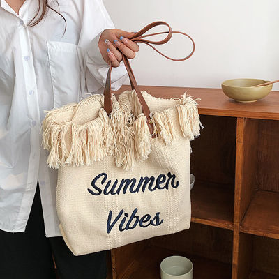 Borsa da mano di tela con modello di struzzo ideale per escursioni estive e shopping.
