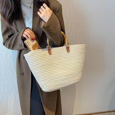 Donna elegante Borsa di paglia da spiaggia tessuta Borsa casual fatta a mano Borsa a spalla di rotino