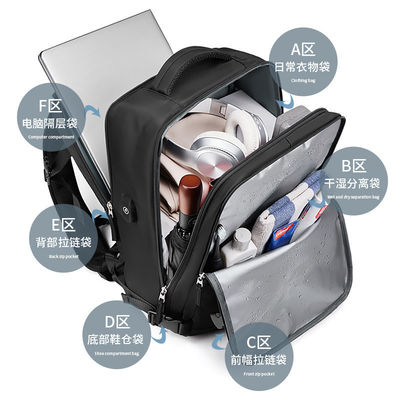 Zaino di viaggio in nylon poliestere a misura, impermeabile, antirrubo, laptop, zaino da viaggio per affari, con porta di ricarica USB