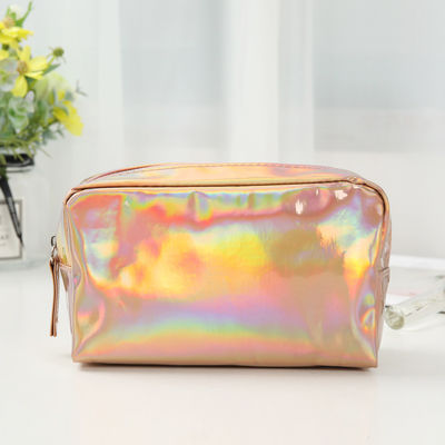 Sacchetto cosmetico in PU Logo personalizzato Holographic Silver Purple Waterproof Zipper Bag Rose Gold Makeup Bag Moda