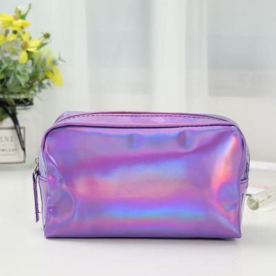 Sacchetto cosmetico in PU Logo personalizzato Holographic Silver Purple Waterproof Zipper Bag Rose Gold Makeup Bag Moda