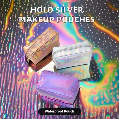 Sacchetto cosmetico in PU Logo personalizzato Holographic Silver Purple Waterproof Zipper Bag Rose Gold Makeup Bag Moda