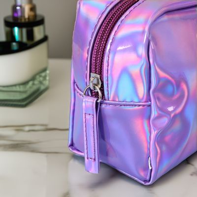 Sacchetto cosmetico in PU Logo personalizzato Holographic Silver Purple Waterproof Zipper Bag Rose Gold Makeup Bag Moda