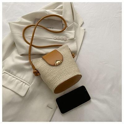 Summer Style Designer Handmade Round Straw Woven Beach Bucket Bag per borsa da mano femminile