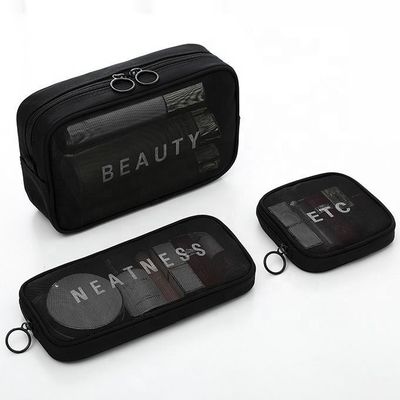 Modello solido tipo maglia di nylon trucco igienico sacchetto cosmetico set con caratteri personalizzati logo
