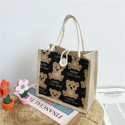 Personalizzato Cartoon Lovely Bear Stampato Plain Cotton Canvas Grocery Shopping Jute Tote Bag