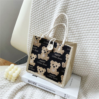 Personalizzato Cartoon Lovely Bear Stampato Plain Cotton Canvas Grocery Shopping Jute Tote Bag