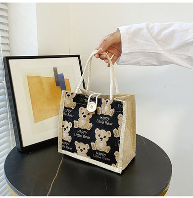 Personalizzato Cartoon Lovely Bear Stampato Plain Cotton Canvas Grocery Shopping Jute Tote Bag