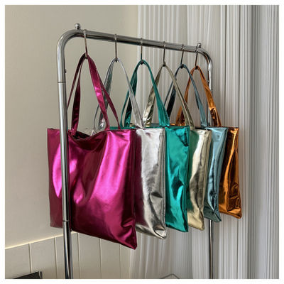 Soft Tote Handbag semplice colore massiccio lucente pelle per le ragazze carine borsa da shopping