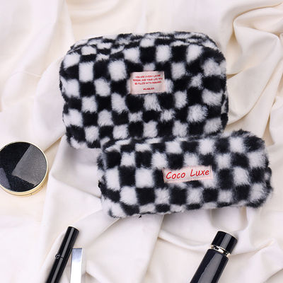 Borsa per trucco gingham di grande capacità con colore personalizzato e logo ricamato con asciugamano