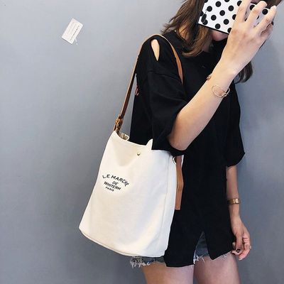 Disegno di moda femminile Logo personalizzato Borsa Tote in tela di cotone con maniglie in pelle marrone