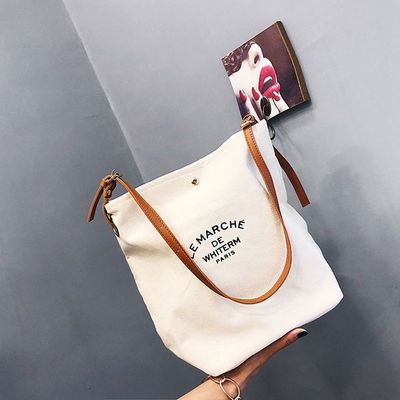 Disegno di moda femminile Logo personalizzato Borsa Tote in tela di cotone con maniglie in pelle marrone