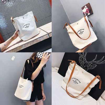 Disegno di moda femminile Logo personalizzato Borsa Tote in tela di cotone con maniglie in pelle marrone