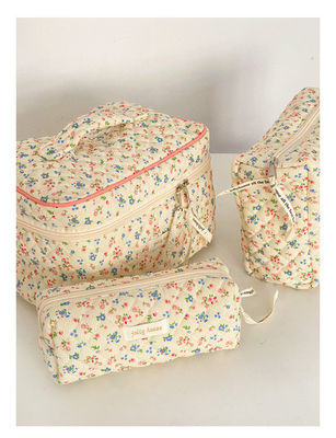 Taschino leggero per il trucco blu Gingham per le donne Piccola borsa da viaggio con fiori