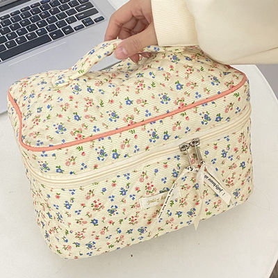 Taschino leggero per il trucco blu Gingham per le donne Piccola borsa da viaggio con fiori
