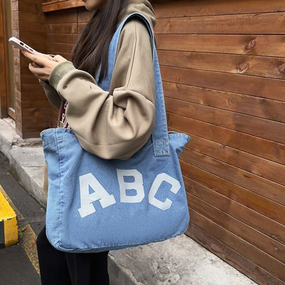 Borsa da spiaggia tessuta in denim stampata su misura con stile soft-loop e accettazione OEM / ODM