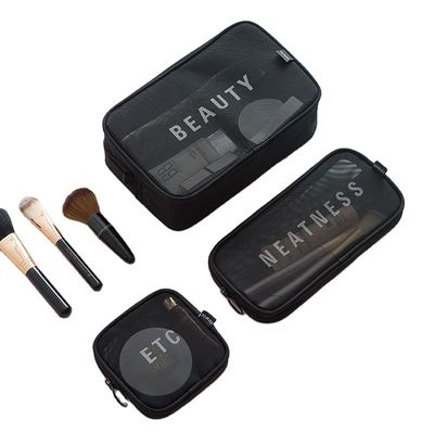 Stile maneggevole impermeabile trasparente maglia di nylon logo personalizzato grande sacchetto cosmetico trucco