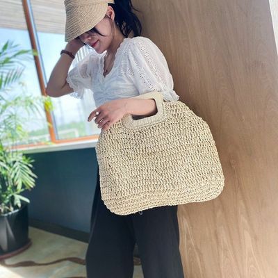 Nessuna Decorazione Borsa di rotino portabile Borsa da paglia da donna per le vacanze estive