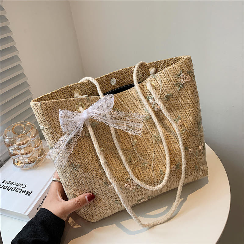 Strand Grass Tissuto Single Shoulder Tote Bag con bellissimo arco in colore personalizzato