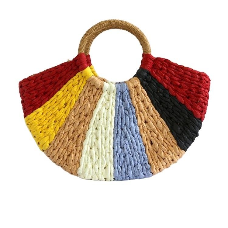 Rainbow Gift Bags Collection Eco Handmade Rattan Woven Straw Tote Bag con chiusura aperta
