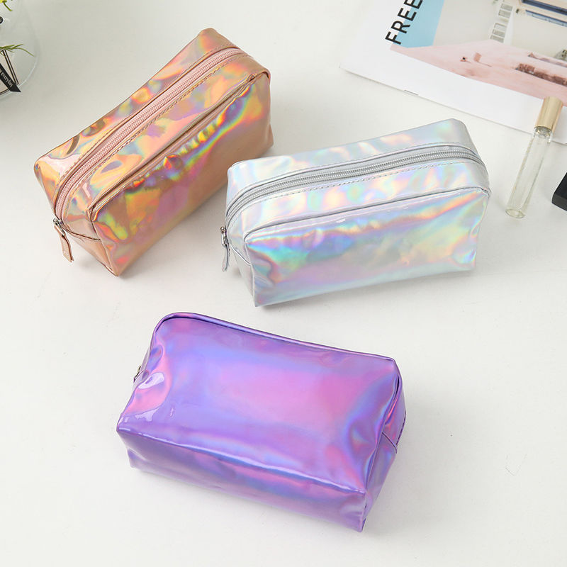 Sacchetto cosmetico in PU Logo personalizzato Holographic Silver Purple Waterproof Zipper Bag Rose Gold Makeup Bag Moda