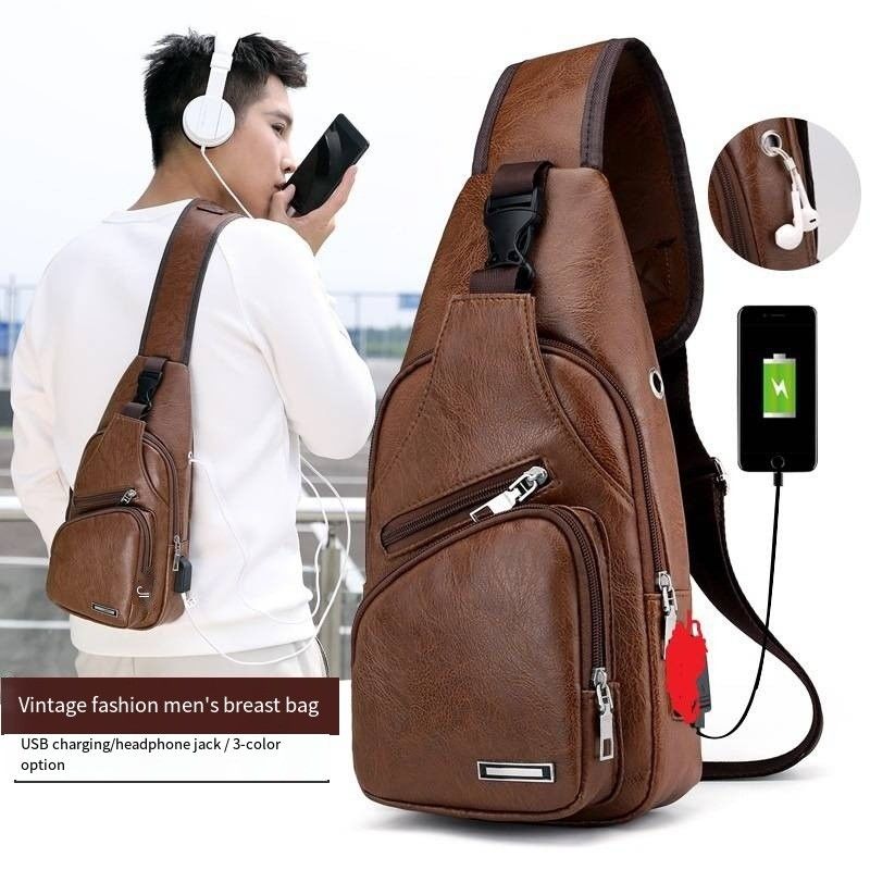 Dimensione personalizzata Nuova borsa da petto in cuoio PU maschile alla moda con porta di ricarica USB