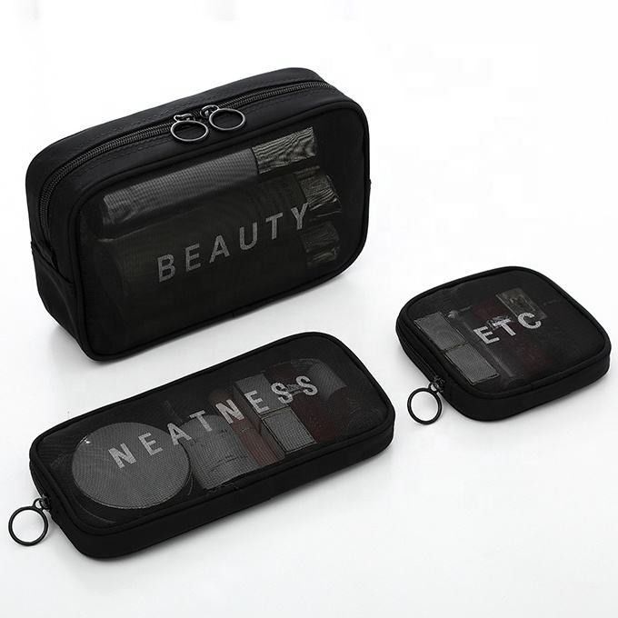 Modello solido tipo maglia di nylon trucco igienico sacchetto cosmetico set con caratteri personalizzati logo