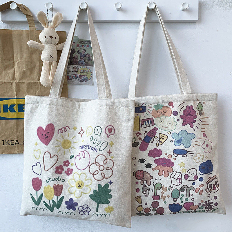 Cartoon Print Canvas Tote Bag per la vita quotidiana scolastica Eco-friendly e colore personalizzato