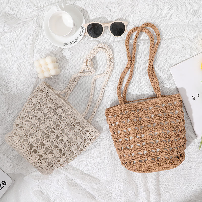 Simple Casual Lady Summer Straw Handmade Bucket Bag per donne Beach Vacation Shoulder Bag
