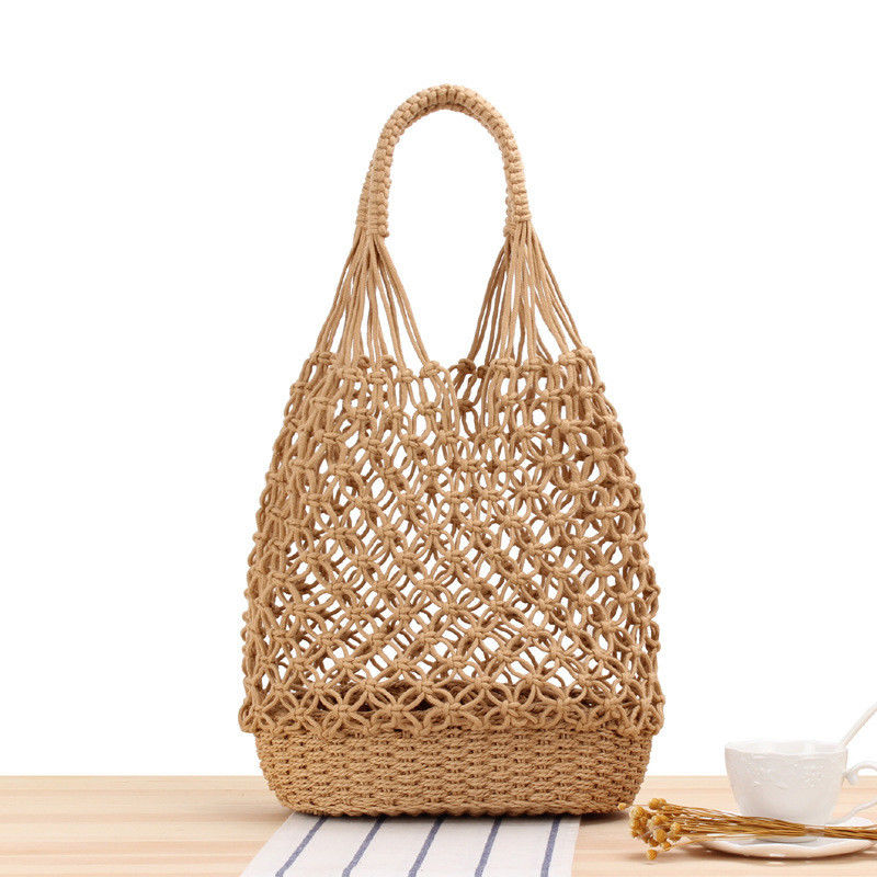 Nuovissima moda colore personalizzato a maglia buco fuori sacchetti da spiaggia tessuti sacchetto di paglia