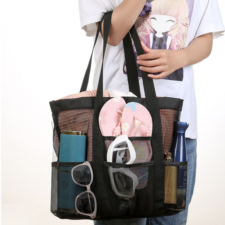 Logo personalizzato Black Shell Collection Large Nylon Portable Mesh Beach Tote Bag per donne