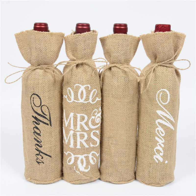 Coperture di bottiglie di vino di iuta con corde di tiro Borse regalo di vino riutilizzabili in colore personalizzato